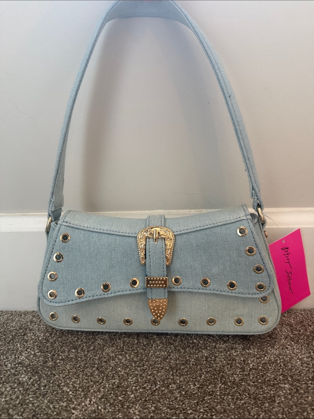 Betsey Johnson Light Blue Denim Shoulder Bag with Gold Buckle